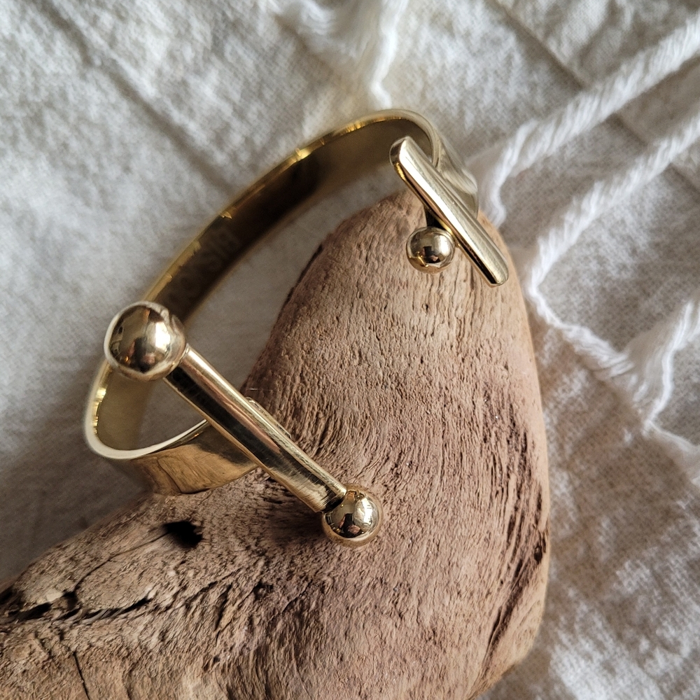 Brass bangle cuff  bracelet barbell spheres.